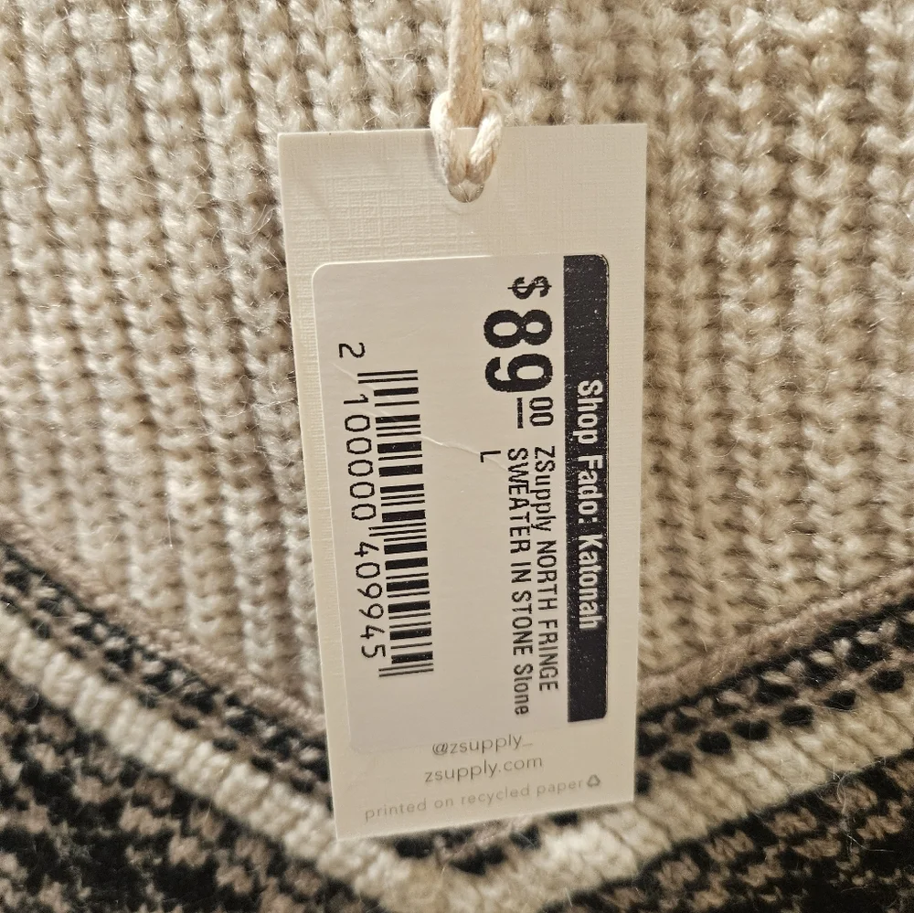ZSupply Beige Sweater with Black Fringe Pattern Nwt - Picture 5 of 6
